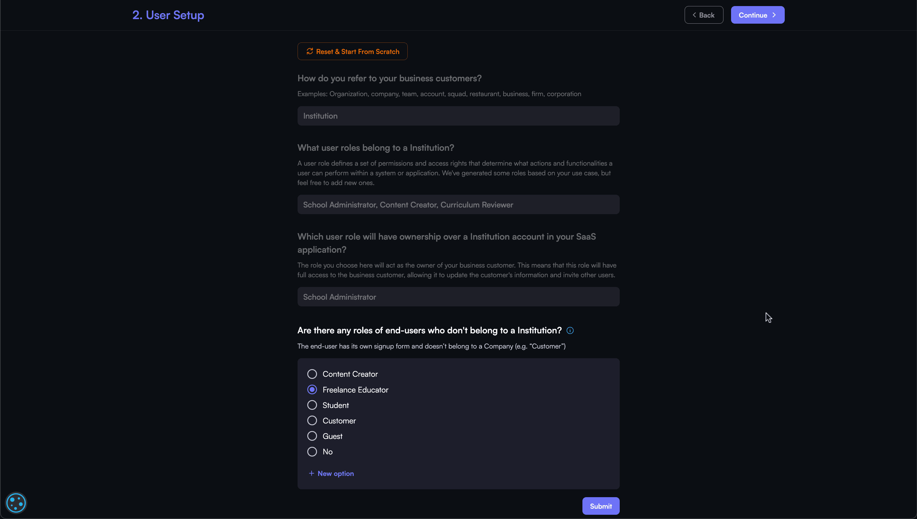 user roles setup